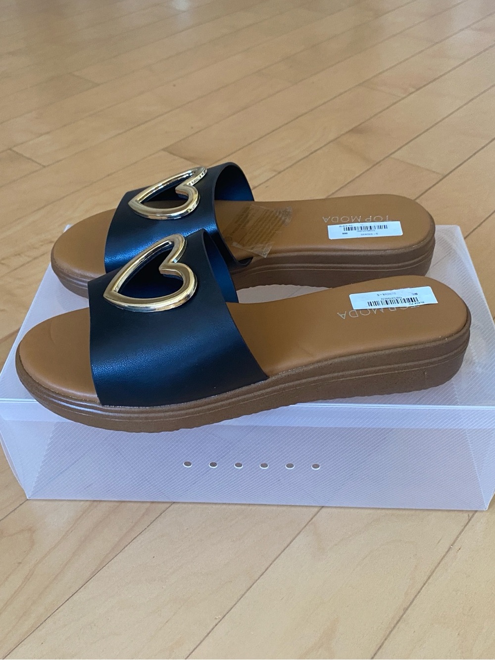 TOP Moda Genova -5 Black Slide Sandals with Gold Heart Accent